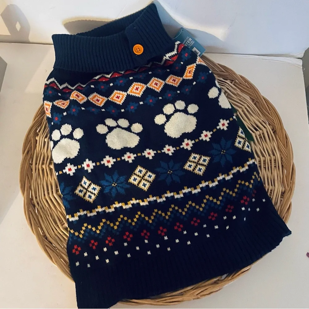 Vibrant Life navy blue Holiday Dog Turtleneck sweater button Collar Medium NWT